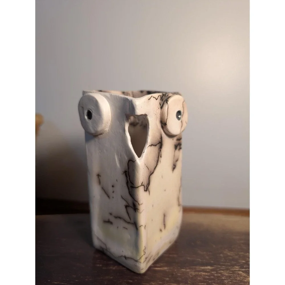 Owl Bundle Papyrus Note Cards 8 Ct + Signed Owl‎ Studio Pottery Vase Smoke Fired